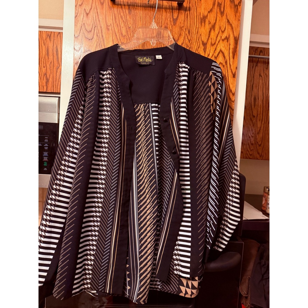 Bob Mackie Wearable Art Geometric Print Collared Button Front Blouse Women's L